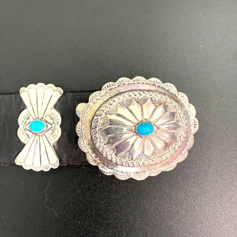 LF DESIGNS 1970s Sterling Silver and Turquoise Concho Black Leather Belt Buckle